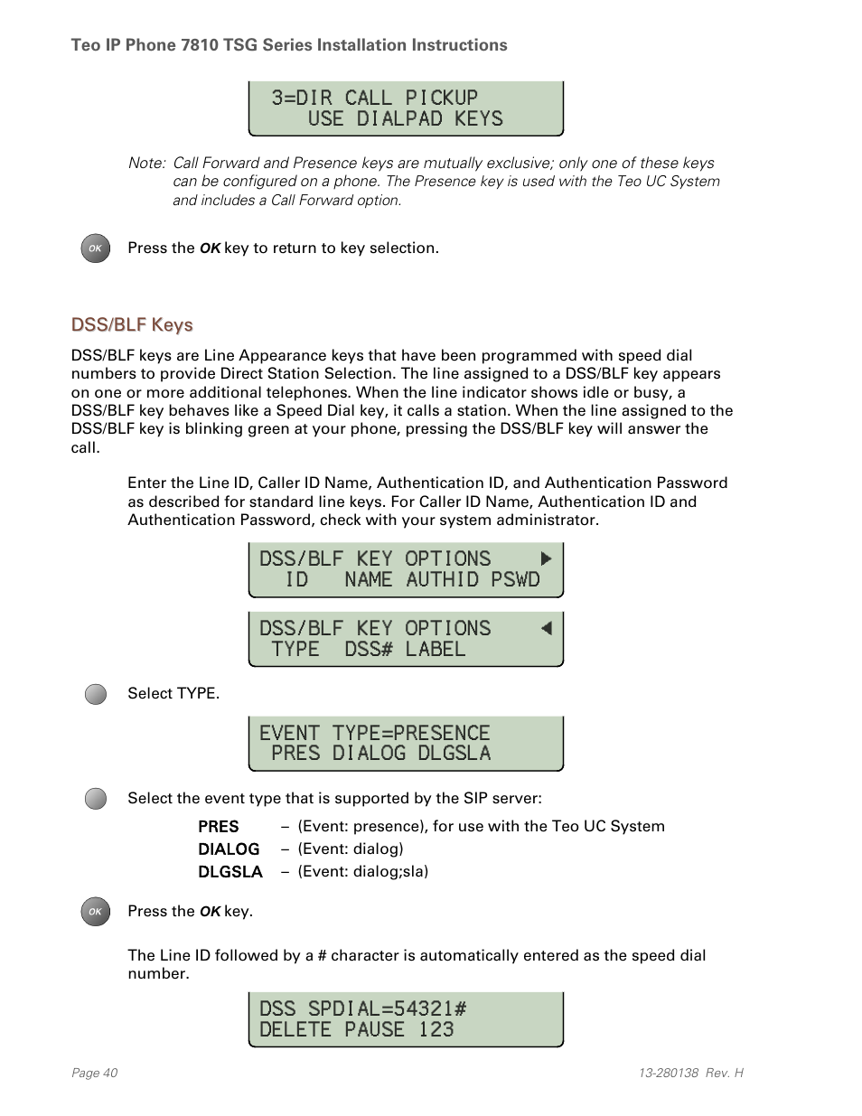 Dss/blf keys | Teo IP Phone 7810-TSG Installation User Manual | Page 40 / 84