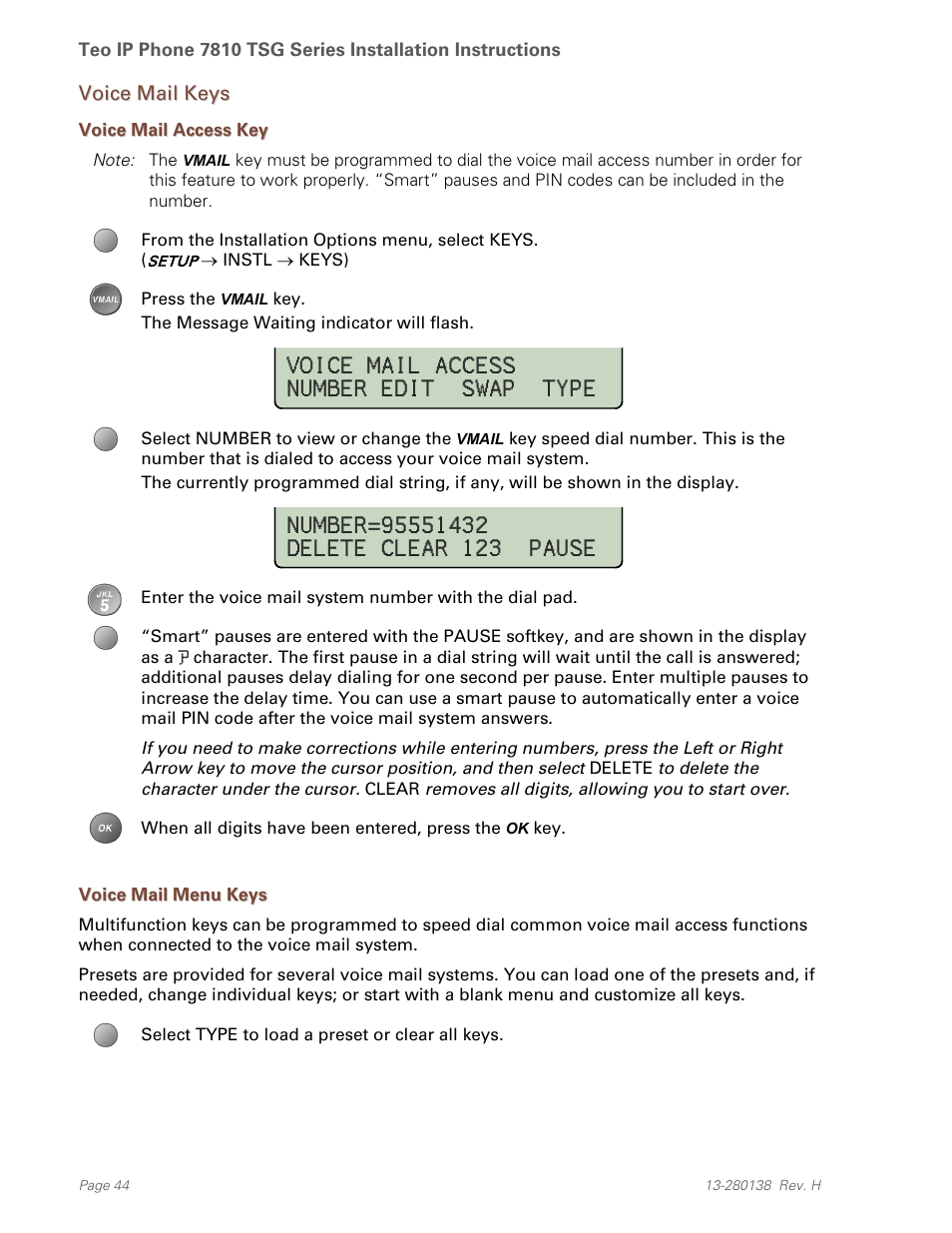 Voice mail keys, Voice mail access key, Voice mail menu keys | Teo IP Phone 7810-TSG Installation User Manual | Page 44 / 84