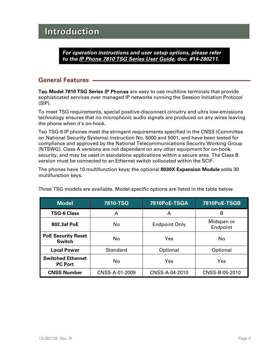 Introduction, General features | Teo IP Phone 7810-TSG Installation User Manual | Page 5 / 84