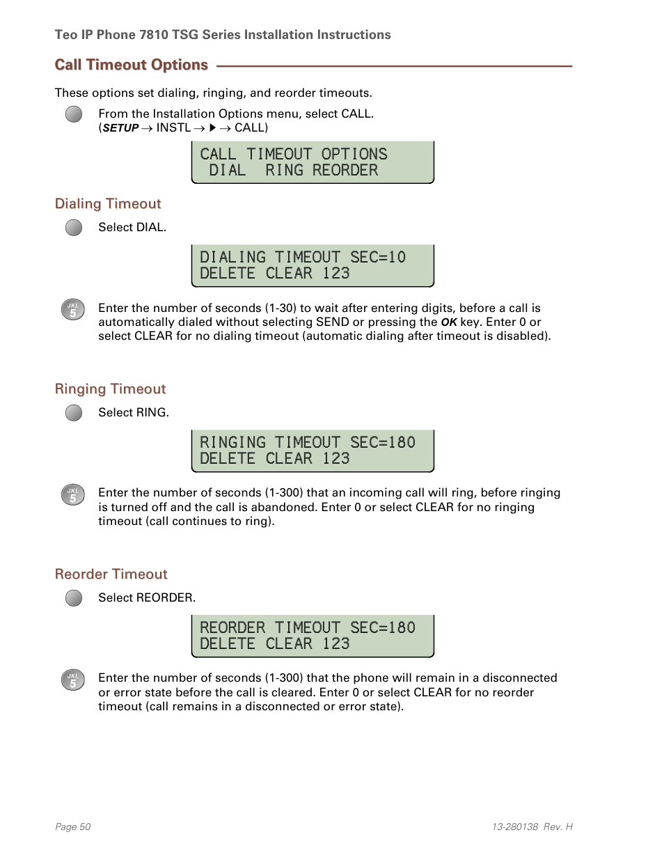 Call timeout options, Dialing timeout, Ringing timeout | Reorder timeout | Teo IP Phone 7810-TSG Installation User Manual | Page 50 / 84