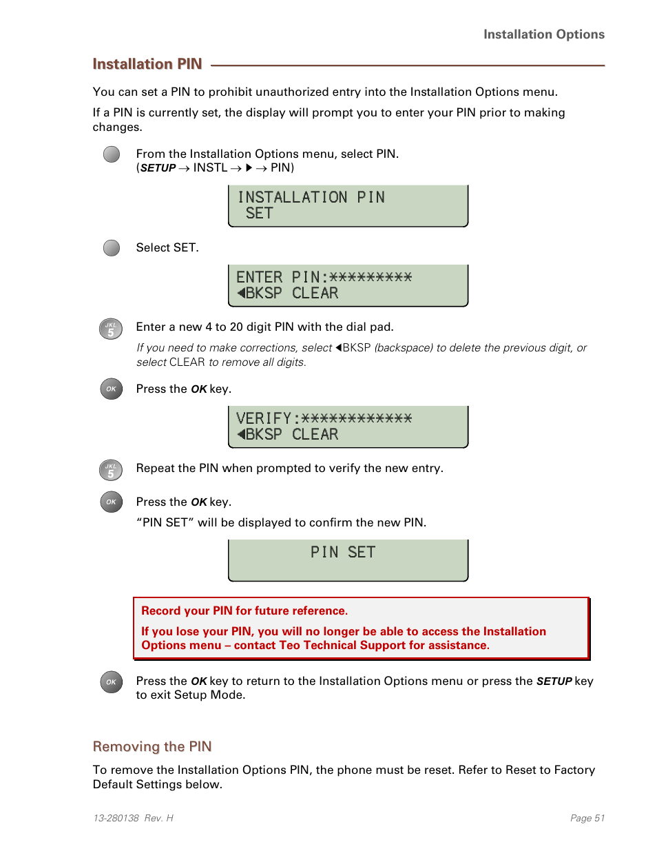 Installation pin, Removing the pin | Teo IP Phone 7810-TSG Installation User Manual | Page 51 / 84