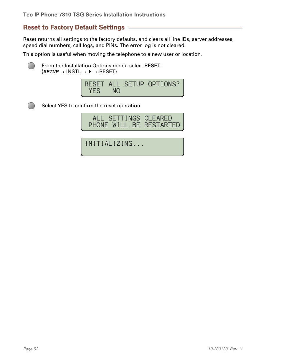 Reset to factory default settings | Teo IP Phone 7810-TSG Installation User Manual | Page 52 / 84