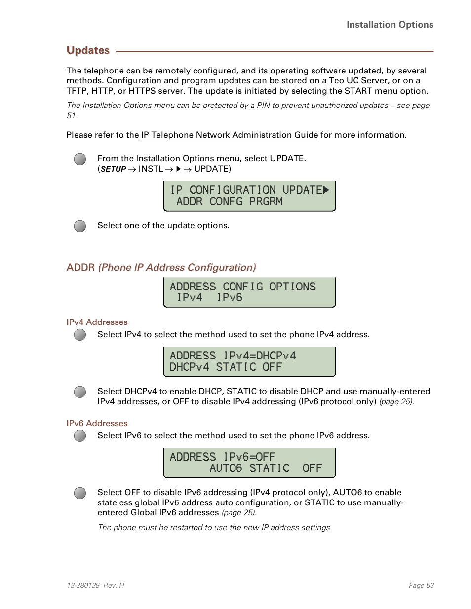 Updates, Addr (phone ip address configuration), Ipv4 addresses | Ipv6 addresses | Teo IP Phone 7810-TSG Installation User Manual | Page 53 / 84
