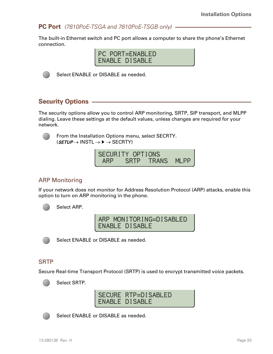 Pc port (7810poe-tsga and 7810poe-tsgb only), Security options, Arp monitoring | Srtp | Teo IP Phone 7810-TSG Installation User Manual | Page 55 / 84