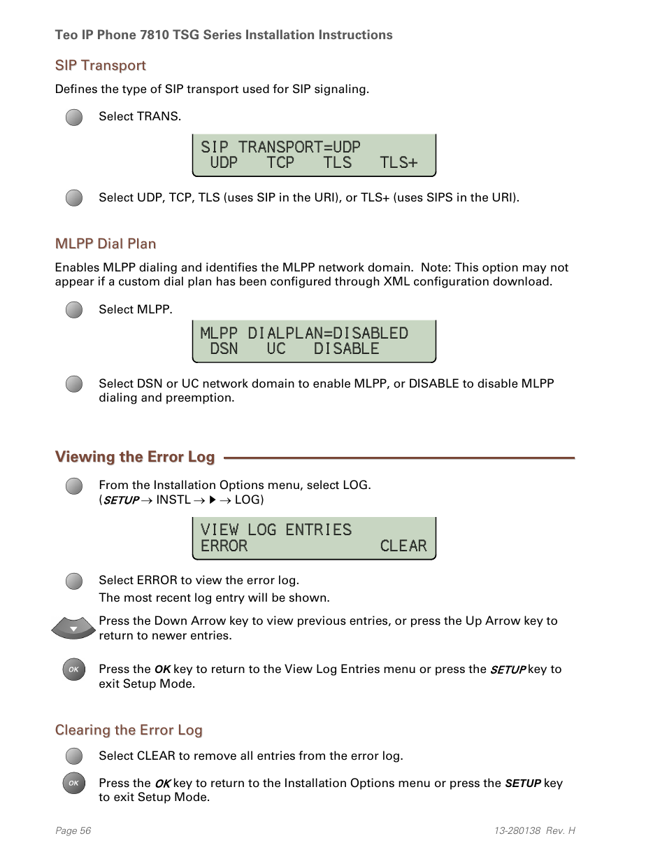 Sip transport, Mlpp dial plan, Viewing the error log | Clearing the error log | Teo IP Phone 7810-TSG Installation User Manual | Page 56 / 84