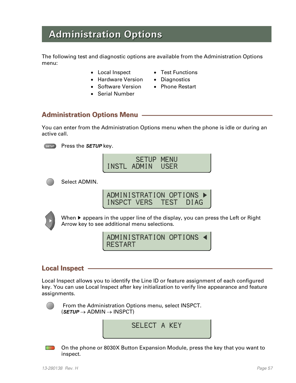 Administration options, Administration options menu, Local inspect | Teo IP Phone 7810-TSG Installation User Manual | Page 57 / 84