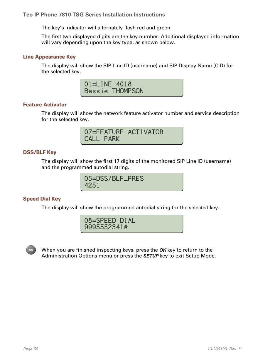 Line appearance key, Feature activator, Dss/blf key | Speed dial key | Teo IP Phone 7810-TSG Installation User Manual | Page 58 / 84