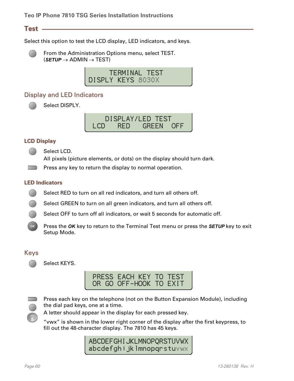 Test, Display and led indicators, Lcd display | Led indicators, Keys | Teo IP Phone 7810-TSG Installation User Manual | Page 60 / 84