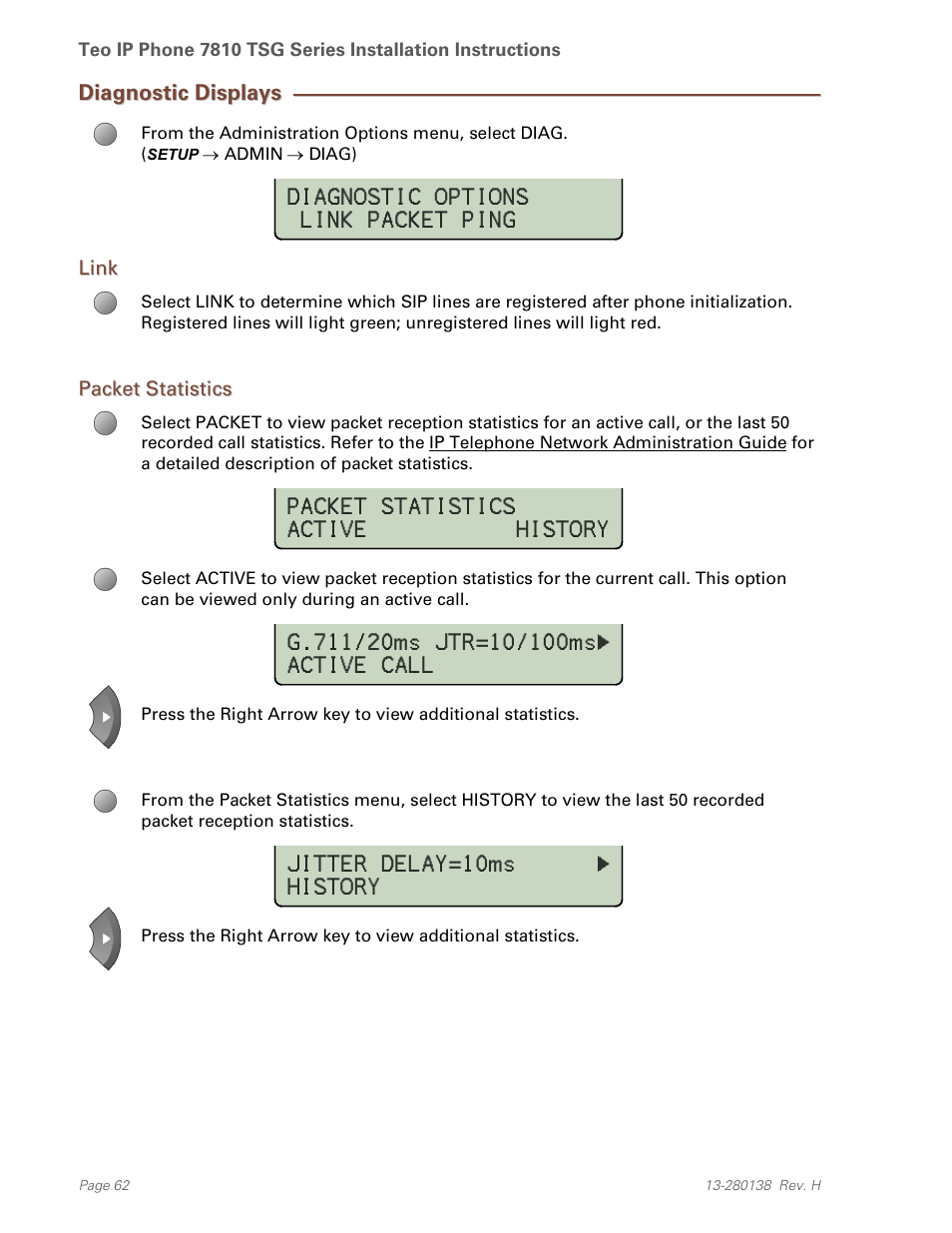 Diagnostic displays, Link, Packet statistics | Teo IP Phone 7810-TSG Installation User Manual | Page 62 / 84