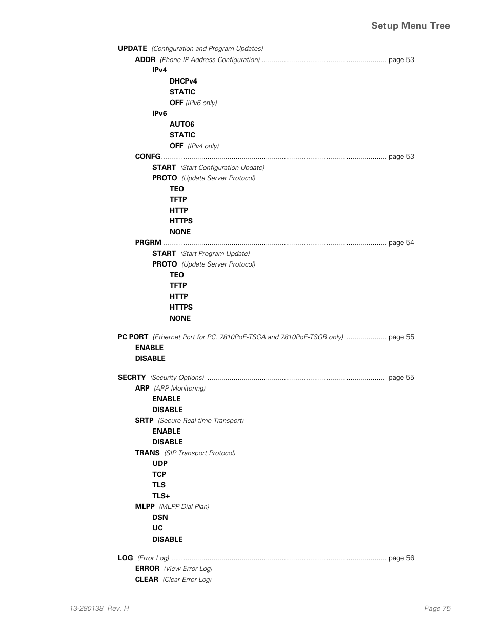 Error (view error log), Clear (clear error log), Setup menu tree | Teo IP Phone 7810-TSG Installation User Manual | Page 75 / 84