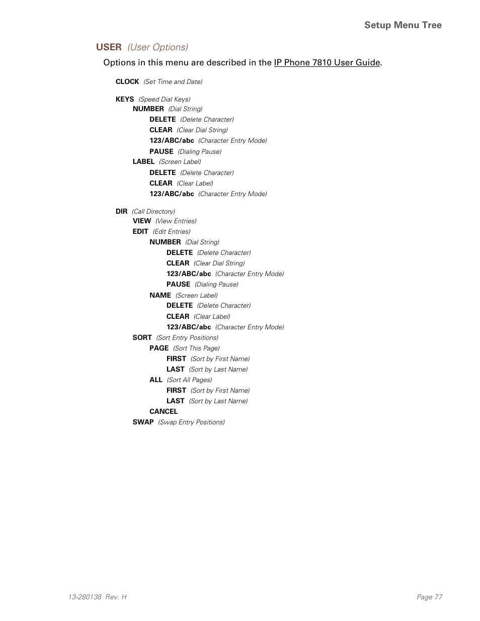 Setup menu tree, User (user options) | Teo IP Phone 7810-TSG Installation User Manual | Page 77 / 84