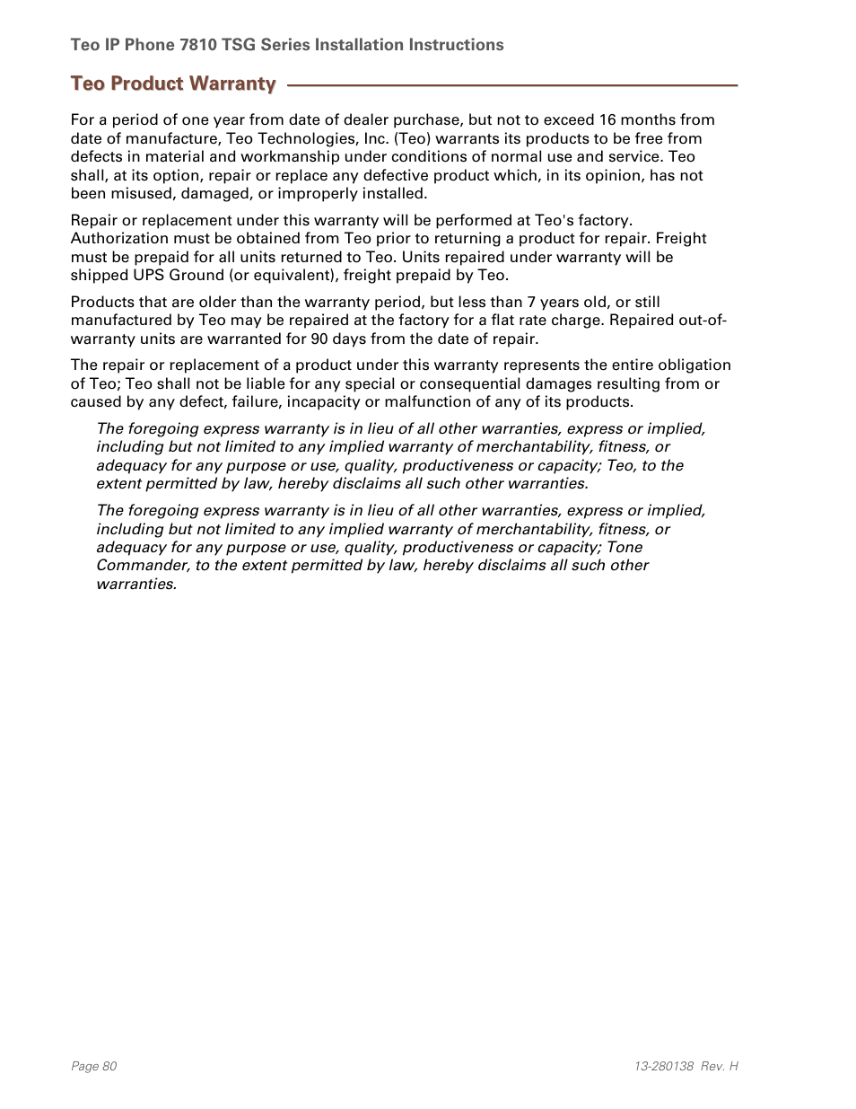 Teo product warranty | Teo IP Phone 7810-TSG Installation User Manual | Page 80 / 84