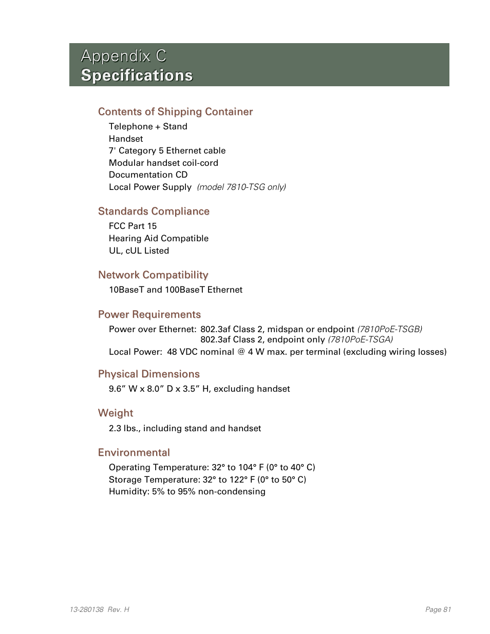 Appendix c specifications, Contents of shipping container, Standards compliance | Network compatibility, Power requirements, Physical dimensions, Weight, Environmental, Appendix c, Specifications | Teo IP Phone 7810-TSG Installation User Manual | Page 81 / 84