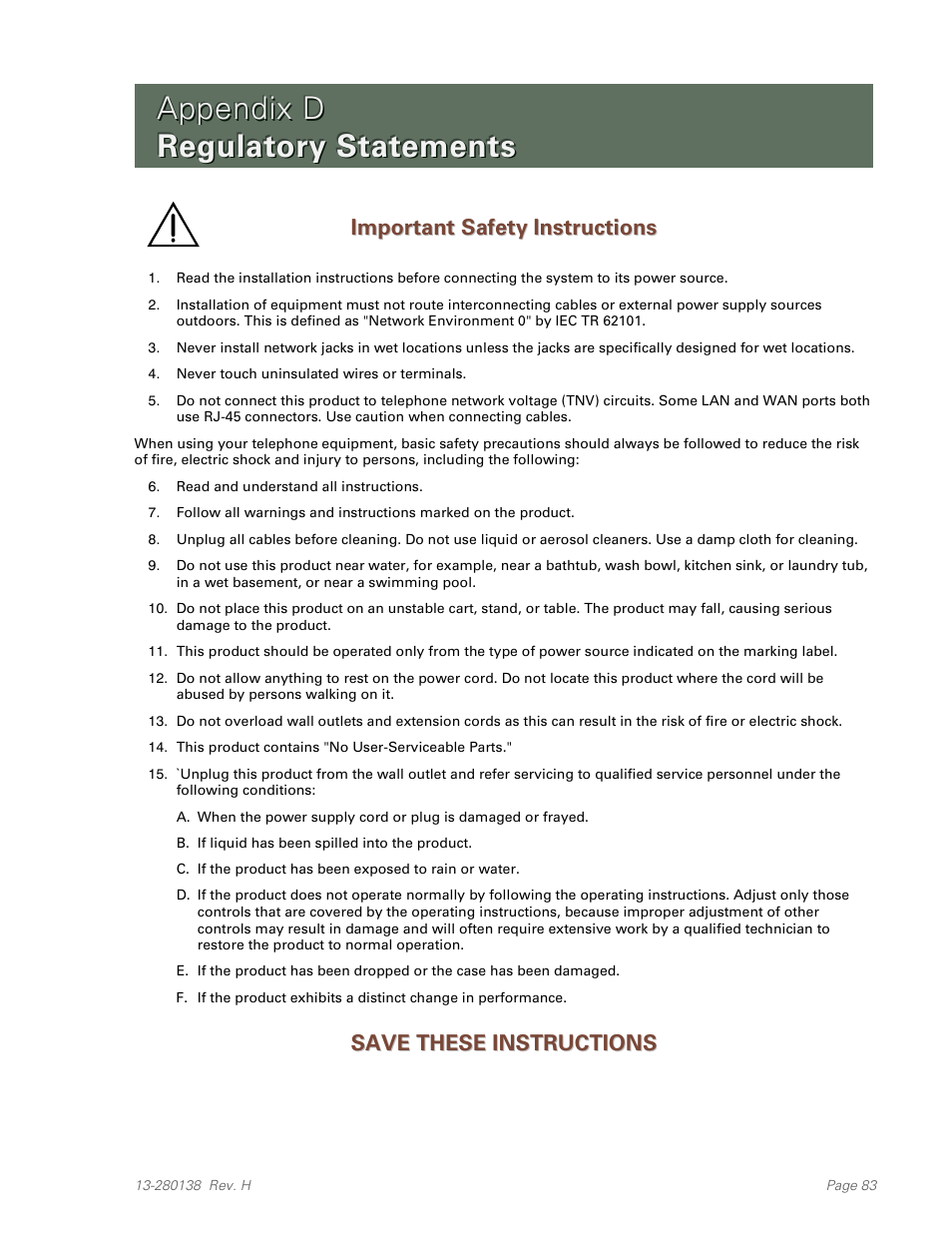 Appendix d regulatory statements, Important safety instructions, Save these instructions | Appendix d, Regulatory statements | Teo IP Phone 7810-TSG Installation User Manual | Page 83 / 84