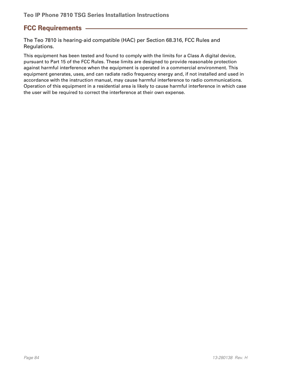 Fcc requirements | Teo IP Phone 7810-TSG Installation User Manual | Page 84 / 84