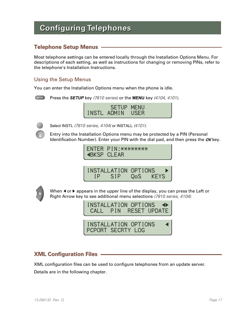 Configuring telephones, Telephone setup menus, Using the setup menus | Xml configuration files | Teo IPTelephone Network User Manual | Page 17 / 86