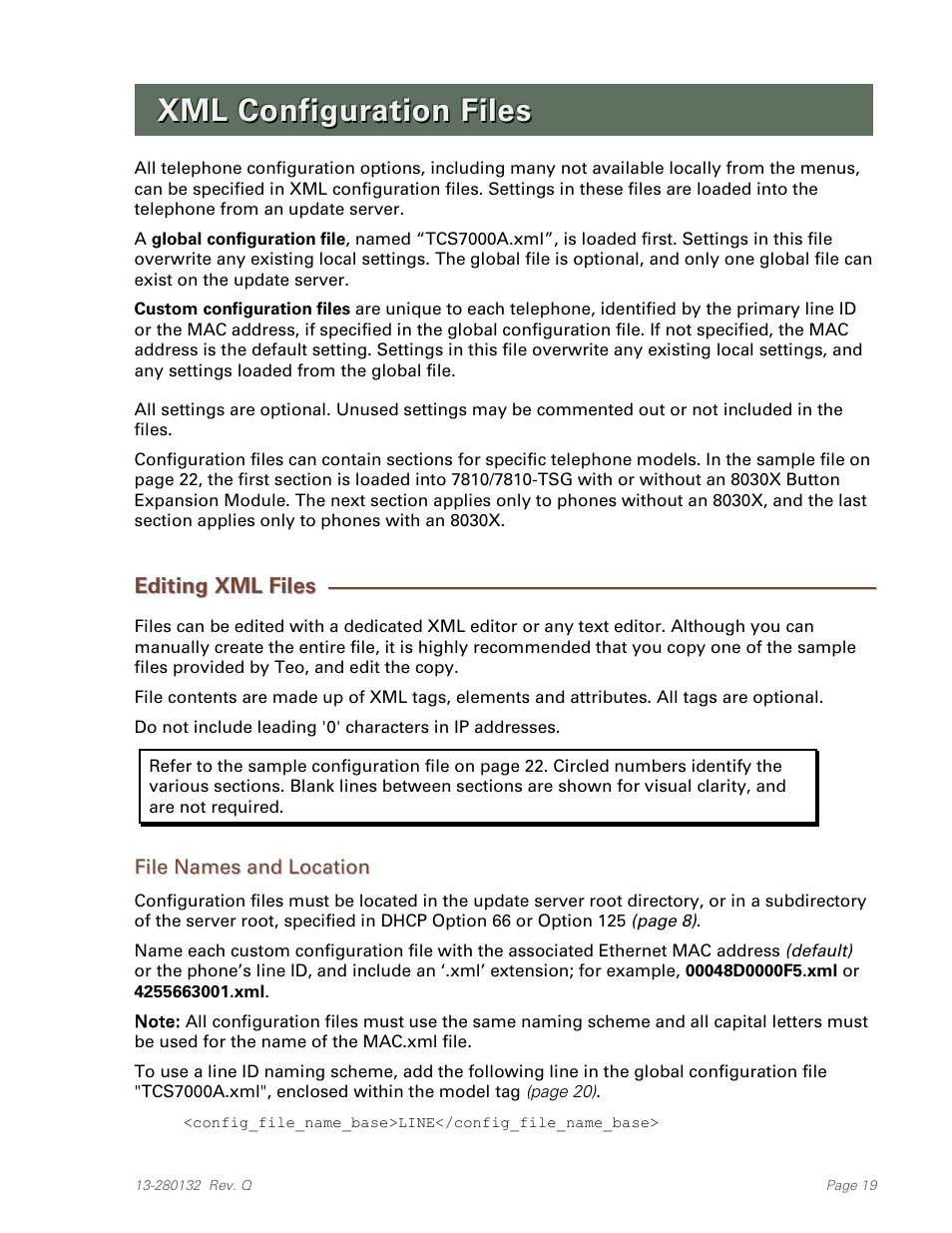 Xml configuration files, Editing xml files, File names and location | Teo IPTelephone Network User Manual | Page 19 / 86