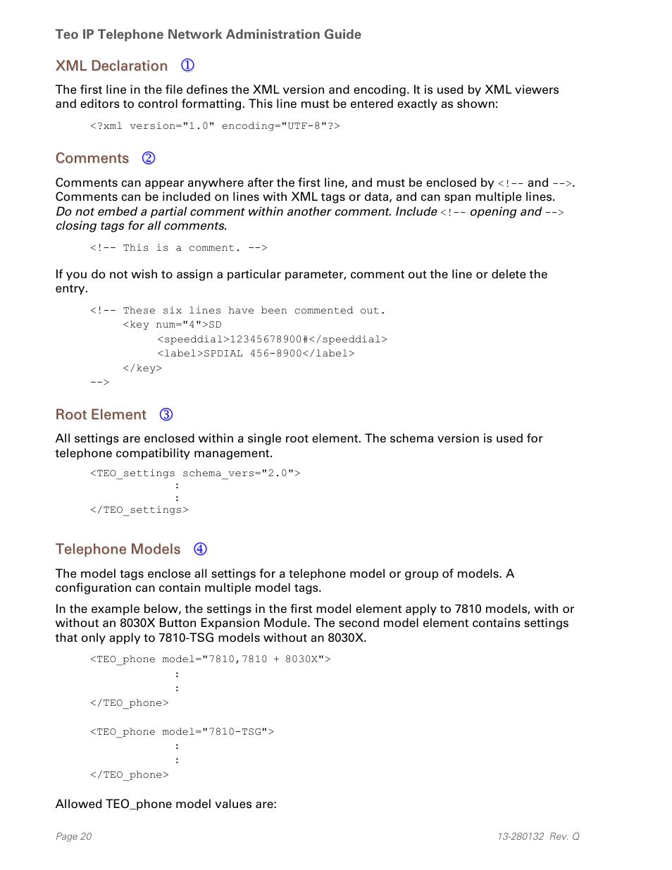 Xml declaration, Comments, Root element | Telephone models | Teo IPTelephone Network User Manual | Page 20 / 86