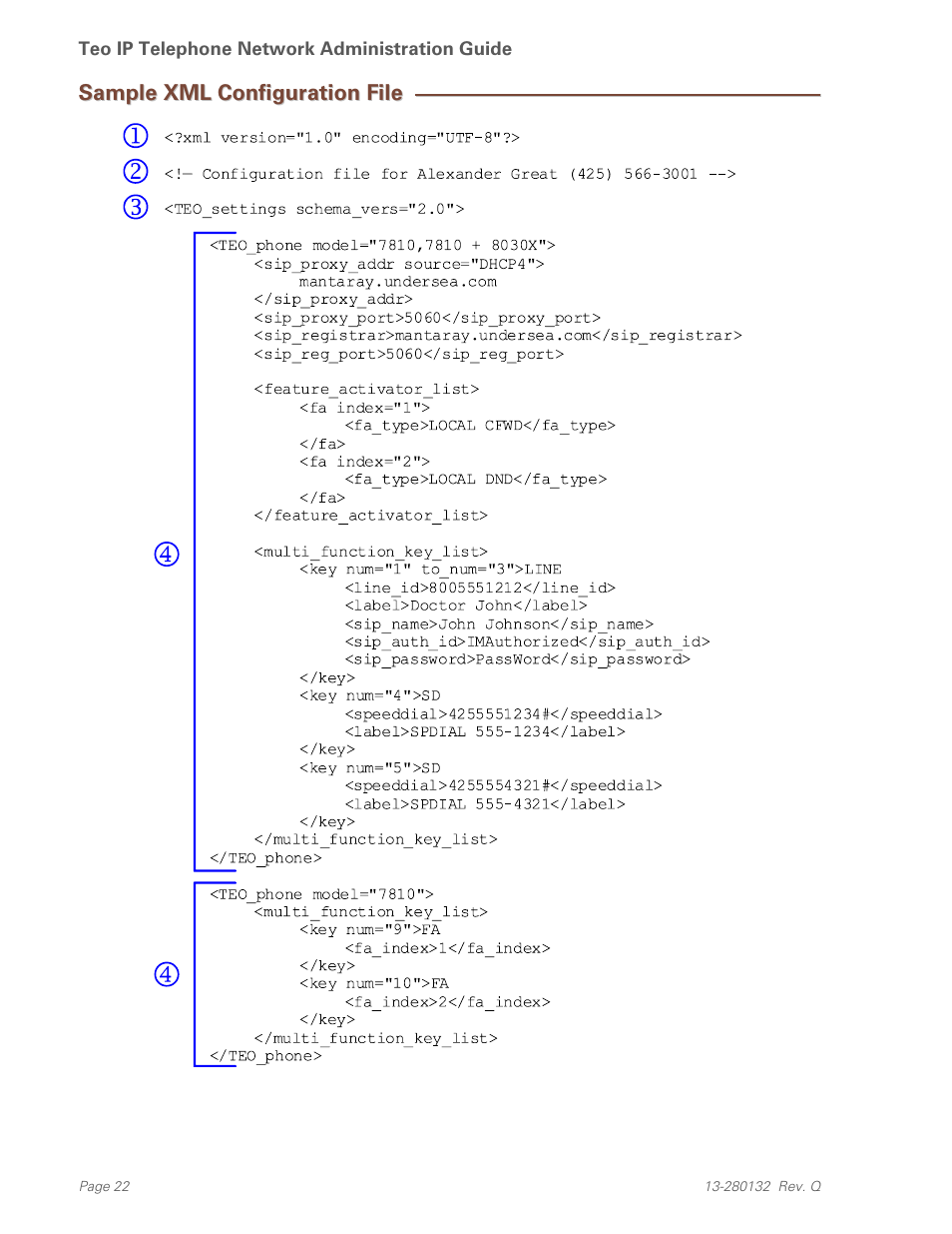 Sample xml configuration file | Teo IPTelephone Network User Manual | Page 22 / 86