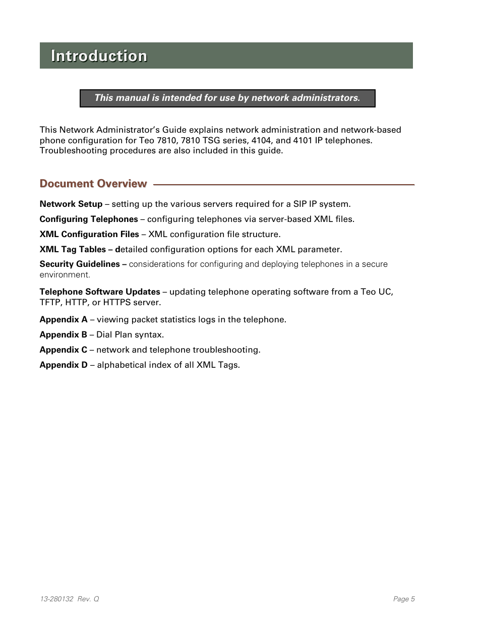 Introduction, Document overview | Teo IPTelephone Network User Manual | Page 5 / 86
