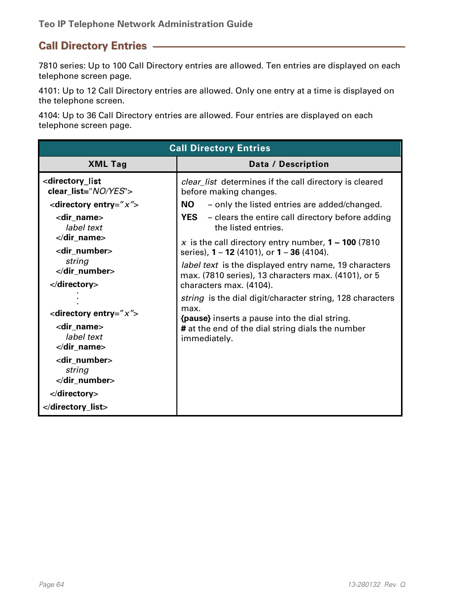 Call directory entries | Teo IPTelephone Network User Manual | Page 64 / 86