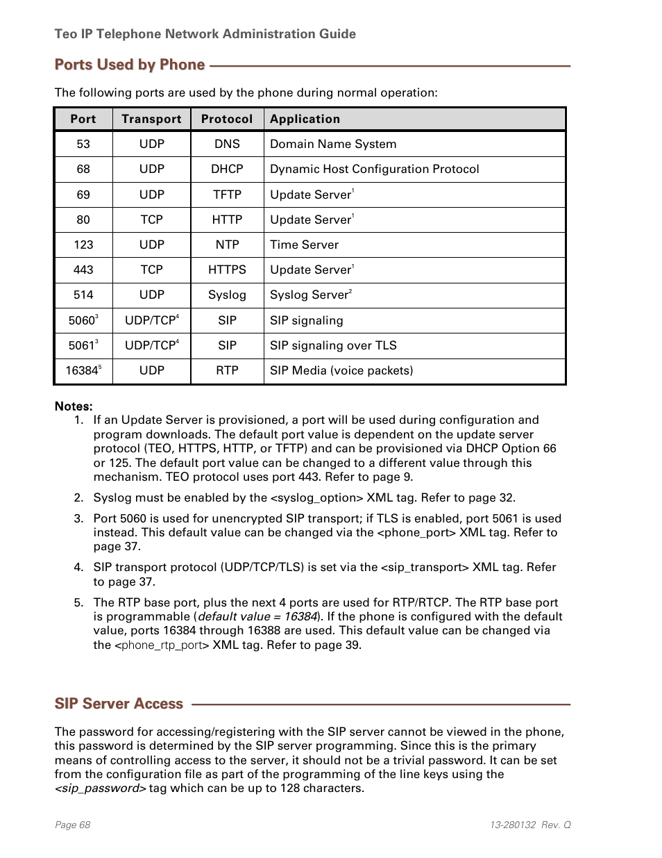 Ports used by phone, Sip server access | Teo IPTelephone Network User Manual | Page 68 / 86
