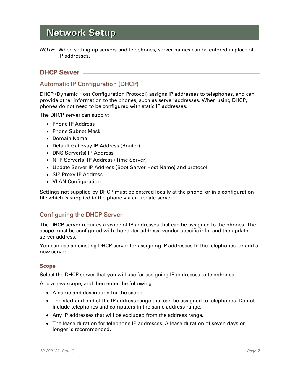 Network setup, Dhcp server, Automatic ip configuration (dhcp) | Configuring the dhcp server, Scope | Teo IPTelephone Network User Manual | Page 7 / 86
