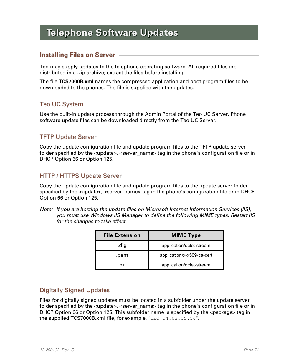 Telephone software updates, Installing files on server, Teo uc system | Tftp update server, Http / https update server, Digitally signed updates | Teo IPTelephone Network User Manual | Page 71 / 86