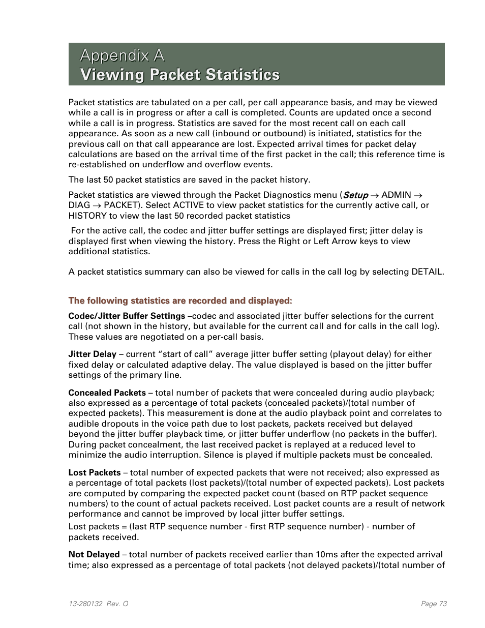 Appendix a viewing packet statistics, Appendix a, Viewing packet statistics | Teo IPTelephone Network User Manual | Page 73 / 86