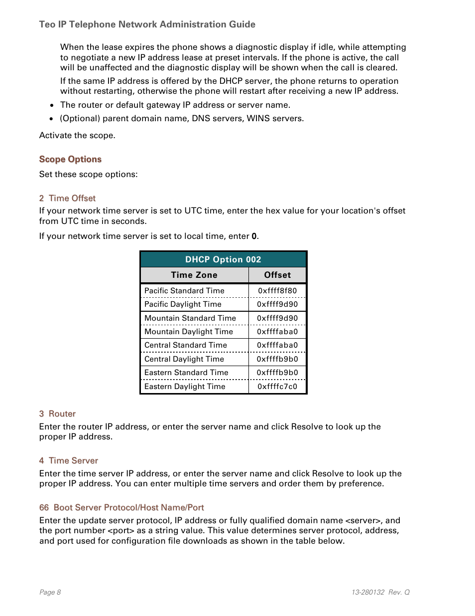 Scope options, 2 time offset, 3 router | 4 time server, 66 boot server protocol/host name/port | Teo IPTelephone Network User Manual | Page 8 / 86