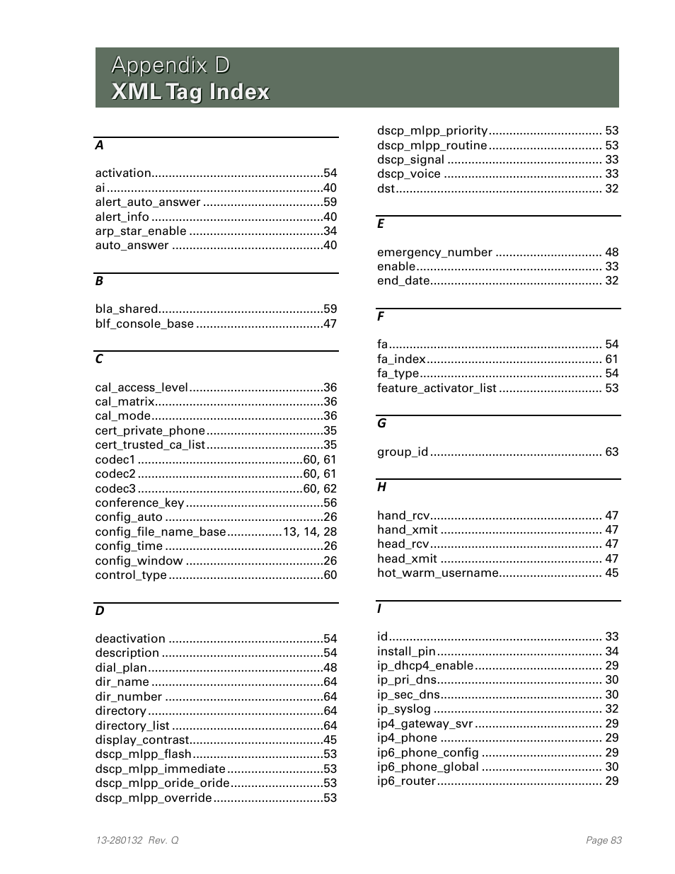 Appendix d xml tag index, Appendix d, Xml tag index | Teo IPTelephone Network User Manual | Page 83 / 86