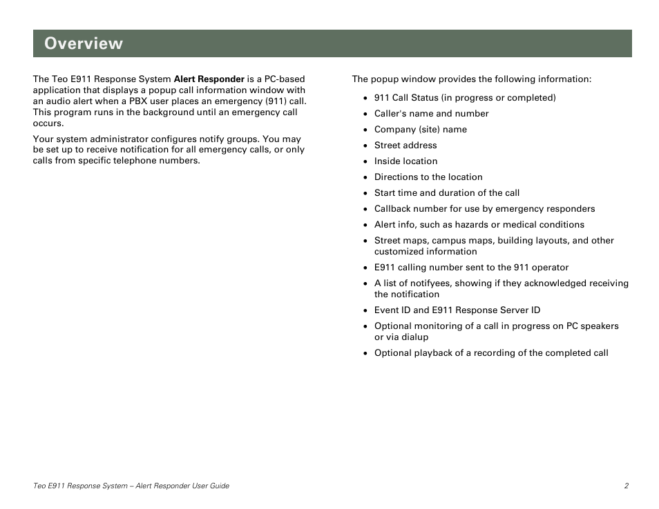 Overview | Teo E911 Response System User Manual | Page 2 / 6