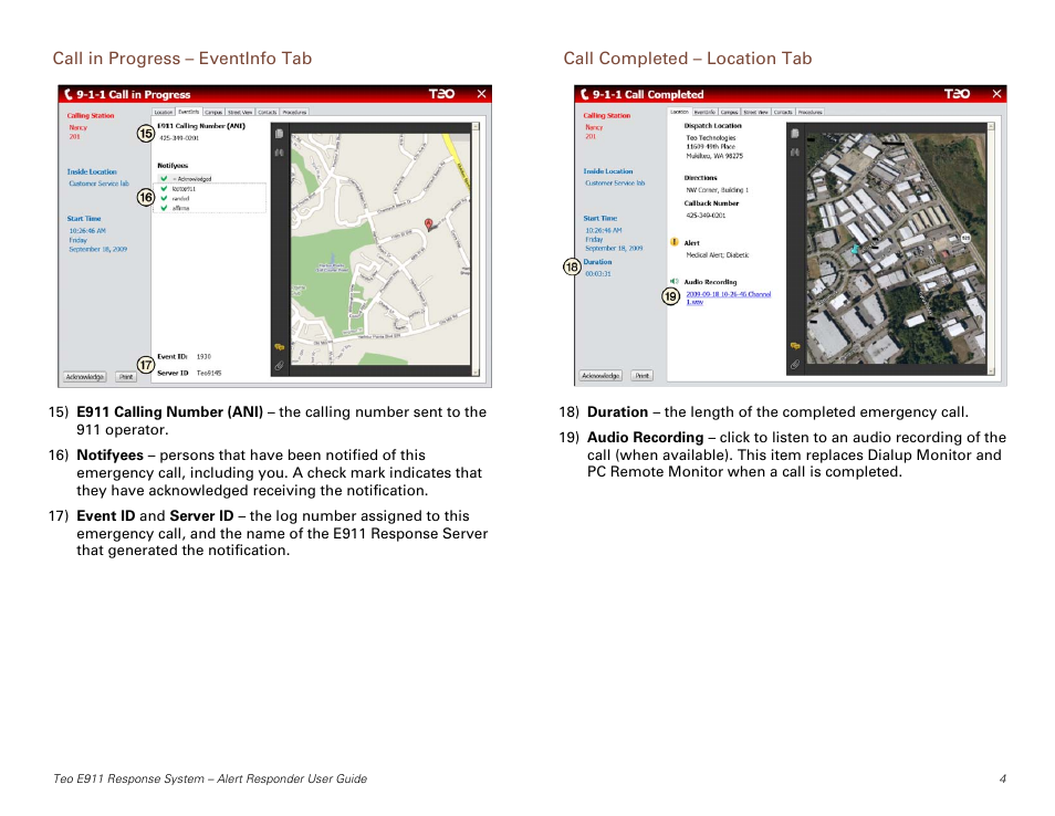 Call in progress – eventinfo tab, Call completed – location tab | Teo E911 Response System User Manual | Page 4 / 6