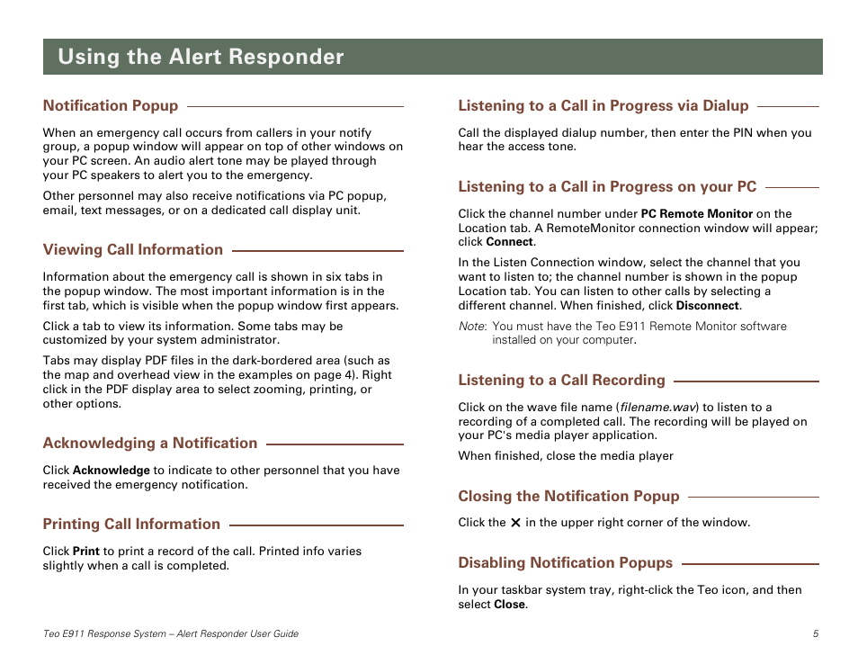 Using the alert responder, Notification popup, Viewing call information | Acknowledging a notification, Printing call information, Listening to a call in progress via dialup, Listening to a call in progress on your pc, Listening to a call recording, Closing the notification popup, Disabling notification popups | Teo E911 Response System User Manual | Page 5 / 6