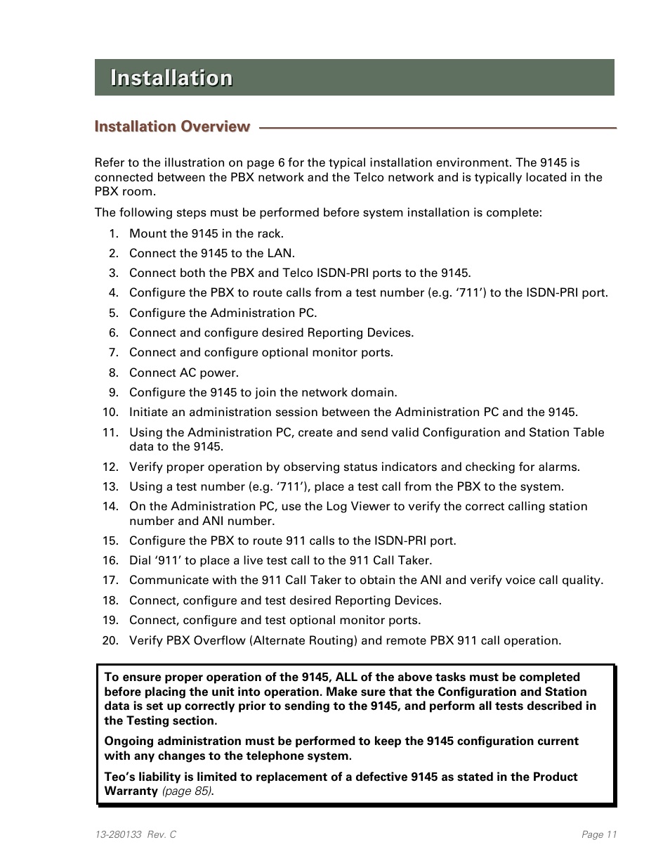 Installation, Installation overview | Teo E911 Response System Installation User Manual | Page 11 / 90