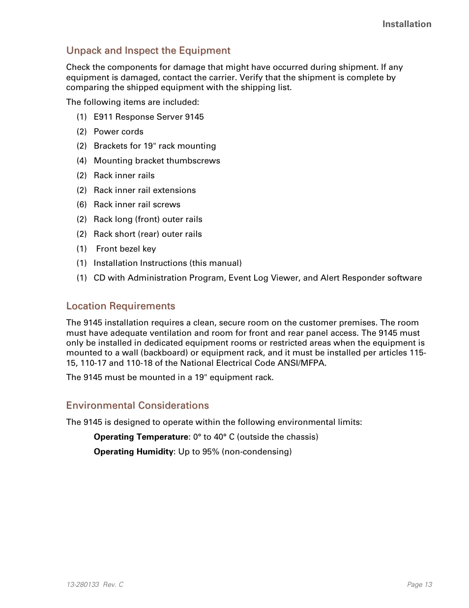 Unpack and inspect the equipment, Location requirements, Environmental considerations | Teo E911 Response System Installation User Manual | Page 13 / 90
