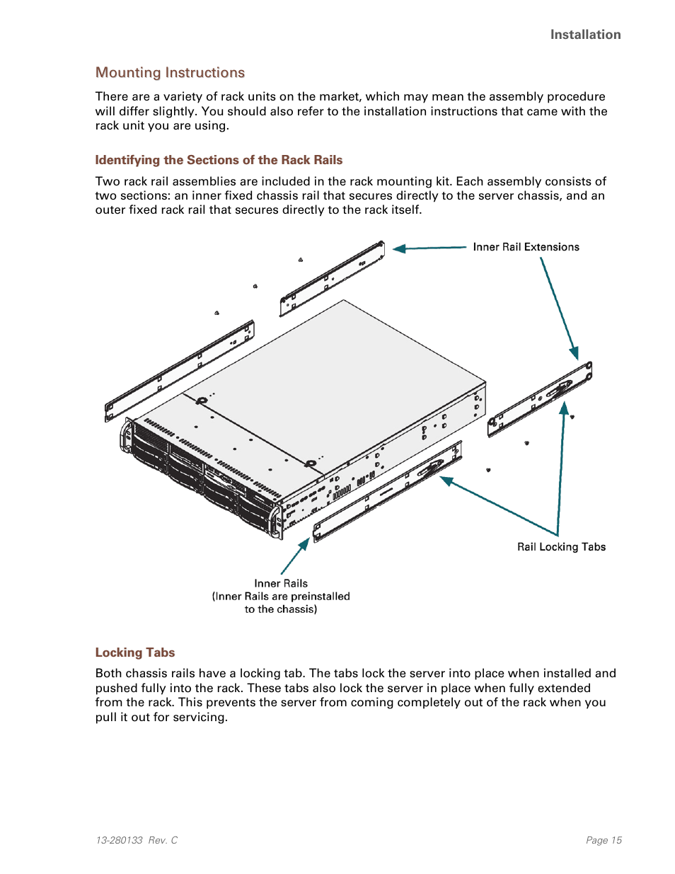 Mounting instructions, Identifying the sections of the rack rails, Locking tabs | Teo E911 Response System Installation User Manual | Page 15 / 90