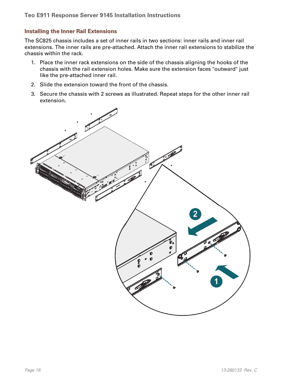 Installing the inner rail extensions | Teo E911 Response System Installation User Manual | Page 16 / 90