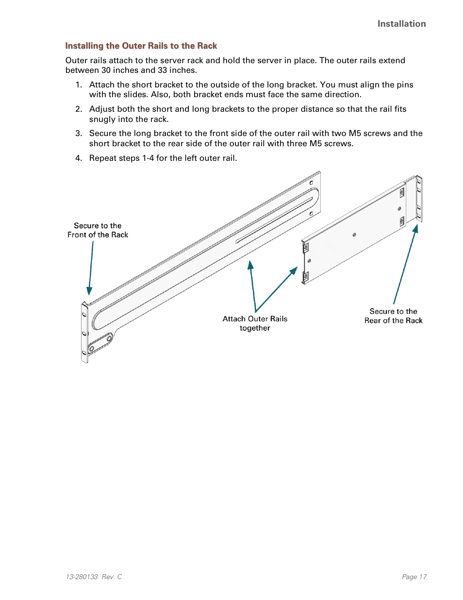 Installing the outer rails to the rack | Teo E911 Response System Installation User Manual | Page 17 / 90