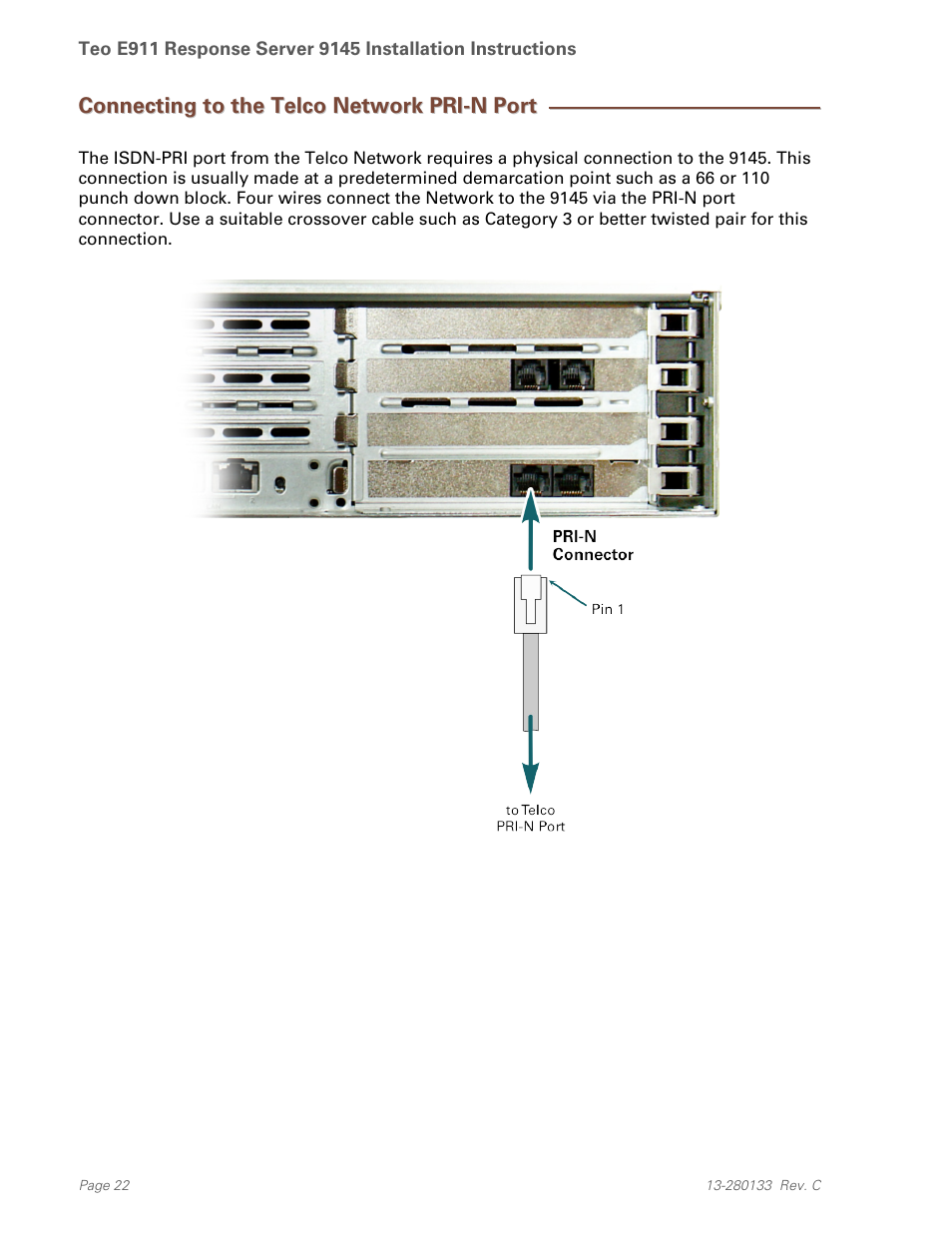 Connecting to the telco network pri-n port | Teo E911 Response System Installation User Manual | Page 22 / 90
