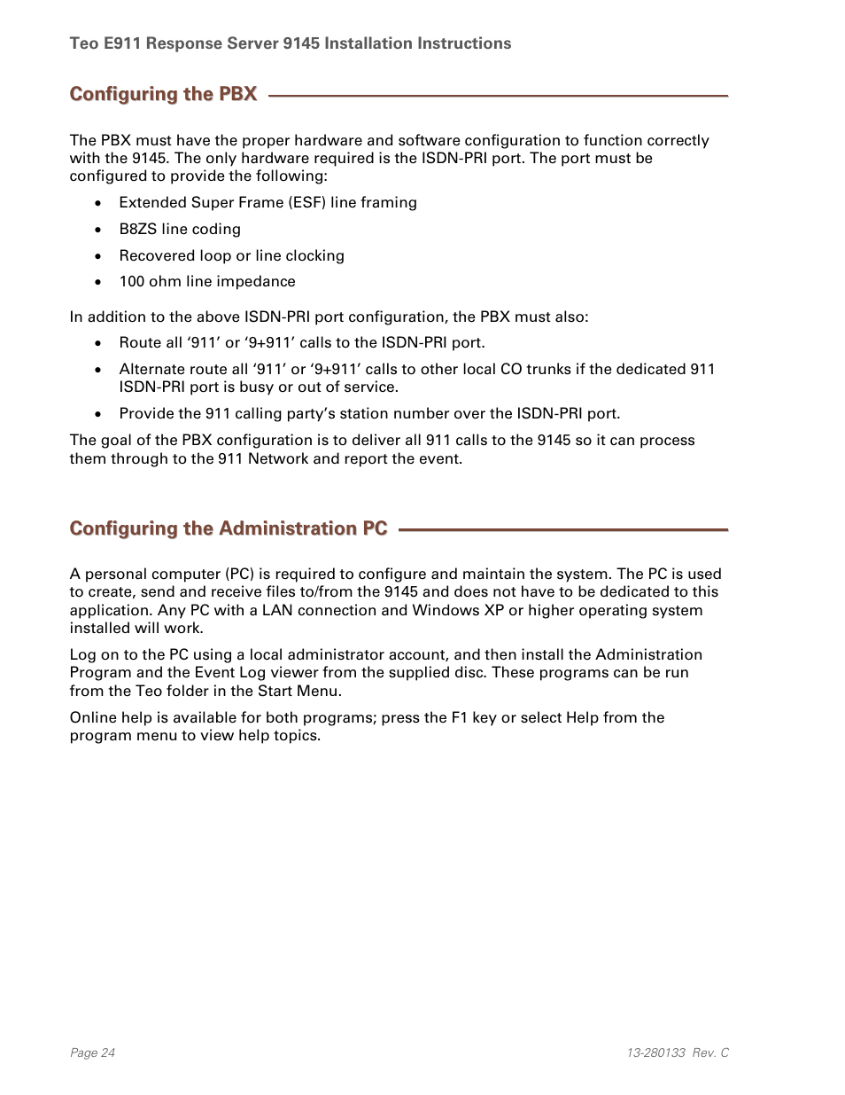 Configuring the pbx, Configuring the administration pc | Teo E911 Response System Installation User Manual | Page 24 / 90