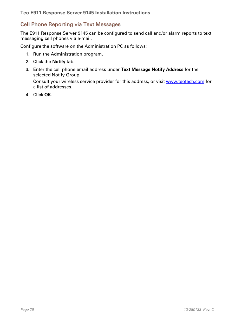 Cell phone reporting via text messages | Teo E911 Response System Installation User Manual | Page 26 / 90