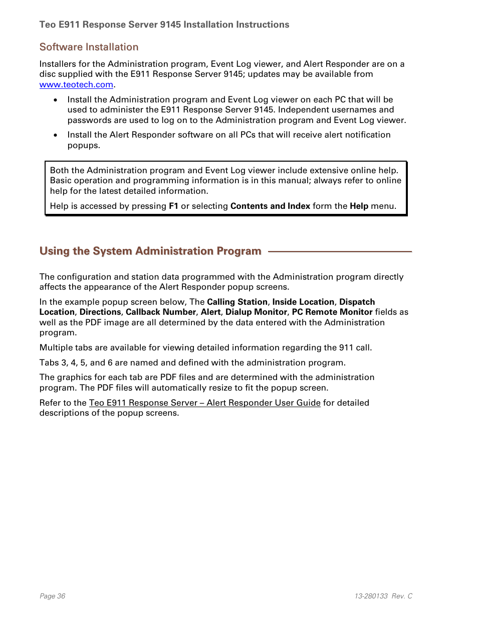 Software installation, Using the system administration program | Teo E911 Response System Installation User Manual | Page 36 / 90