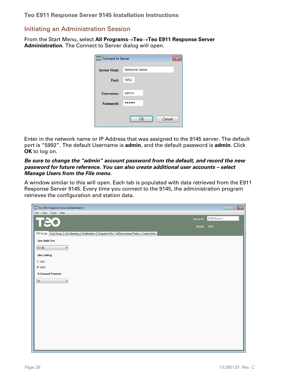 Initiating an administration session | Teo E911 Response System Installation User Manual | Page 38 / 90
