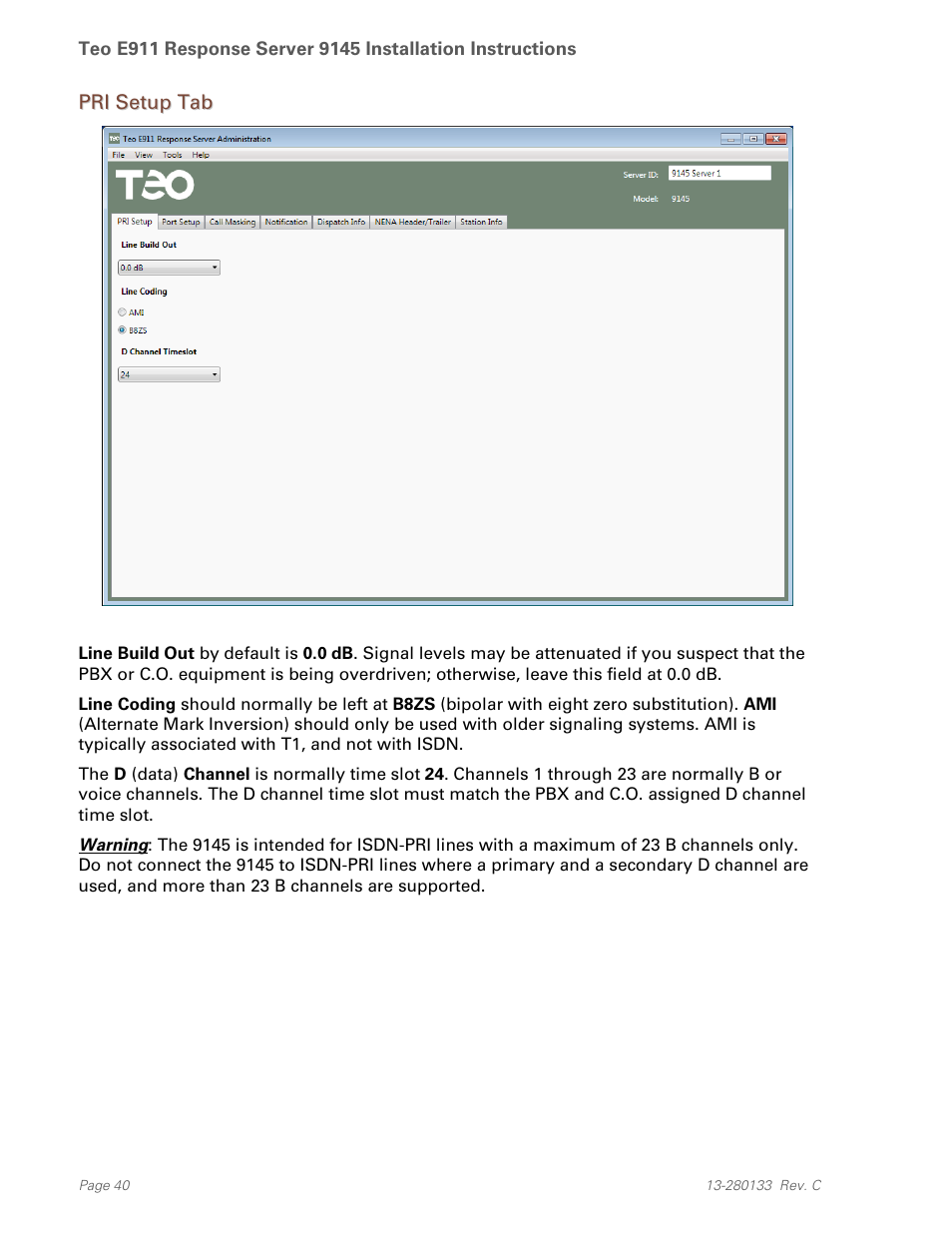 Pri setup tab | Teo E911 Response System Installation User Manual | Page 40 / 90