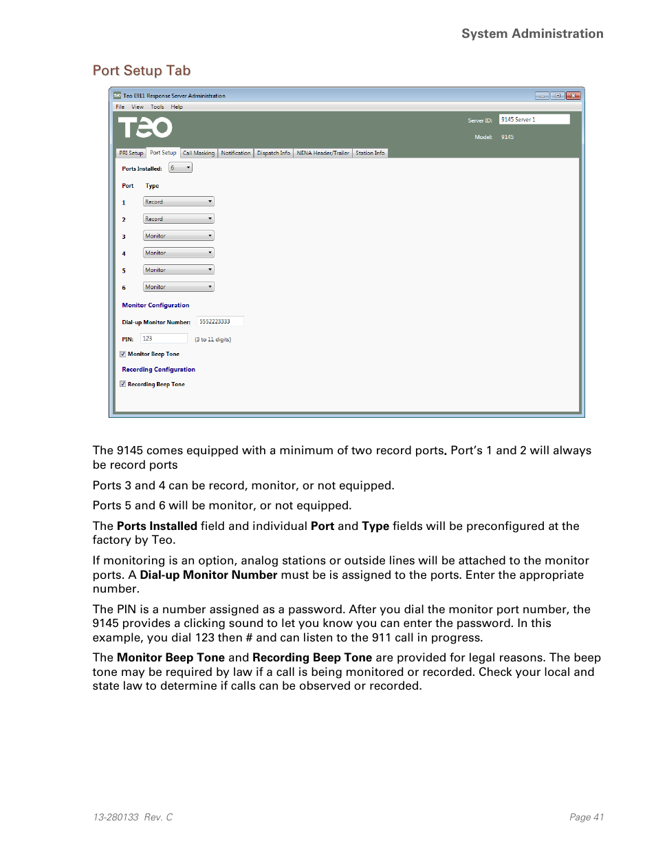Port setup tab | Teo E911 Response System Installation User Manual | Page 41 / 90