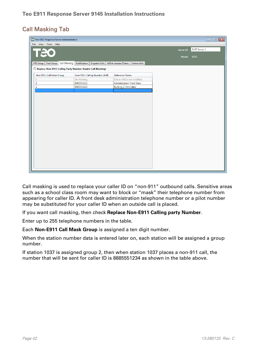 Call masking tab | Teo E911 Response System Installation User Manual | Page 42 / 90