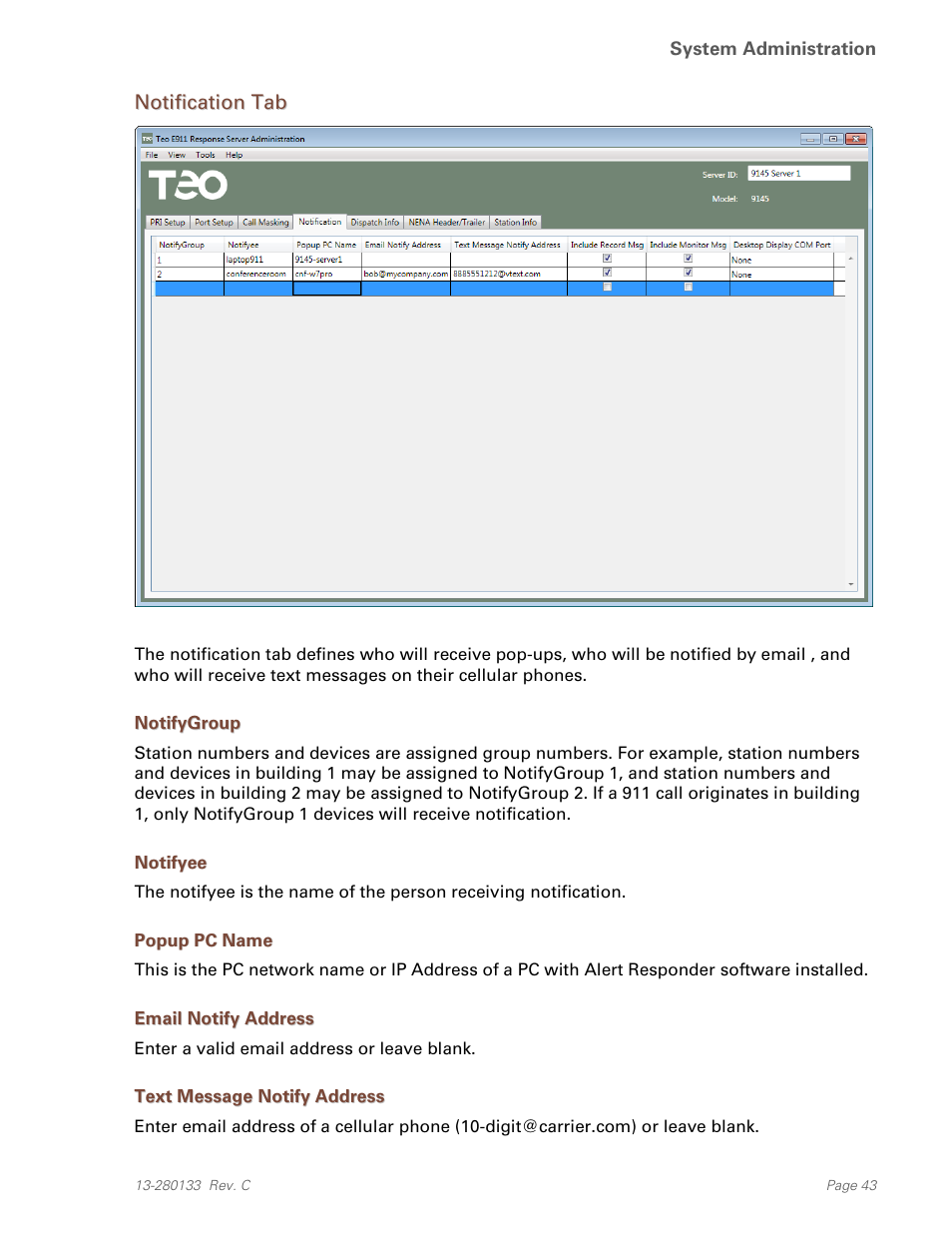 Notification tab, Notifygroup, Notifyee | Popup pc name, Email notify address, Text message notify address | Teo E911 Response System Installation User Manual | Page 43 / 90