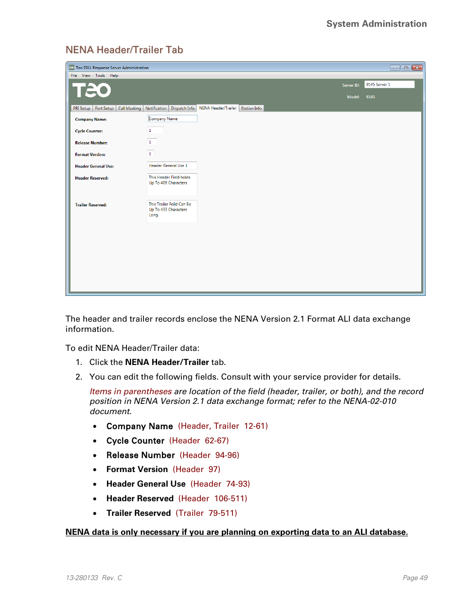 Nena header/trailer tab | Teo E911 Response System Installation User Manual | Page 49 / 90