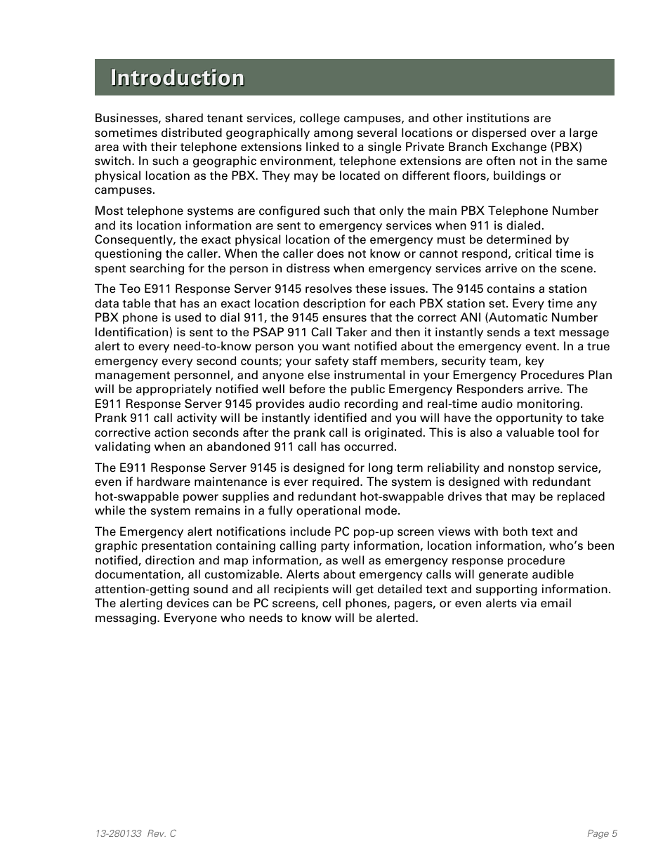 Introduction | Teo E911 Response System Installation User Manual | Page 5 / 90